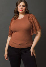 Load image into Gallery viewer, Sweater Knit Top with Lace Sleeves - Cognac
